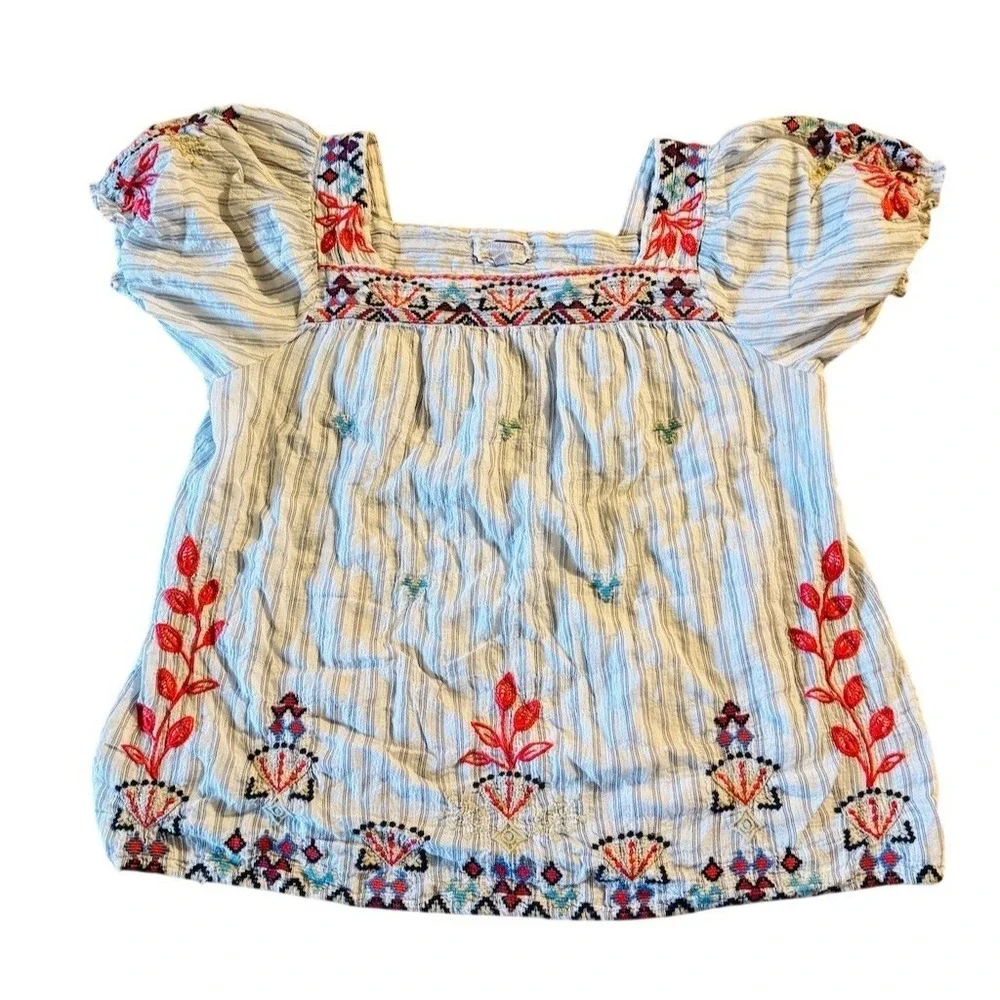 Johnny Was Workshop Blouse XL Ivory blue Stripes Embroidery Top boho puff sleeve